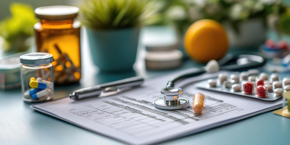 Stéthoscope posé sur un dossier médical entouré de médicaments, illustrant les démarches de santé liées à la plateforme monidenum extrait kbis