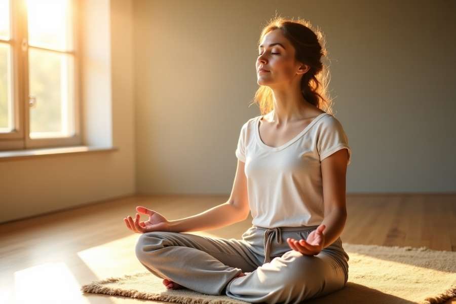 Une femme en t-shirt blanc, assise en tailleur avec les mains en Jnana Mudra, baigne dans la lumière du soleil couchant.